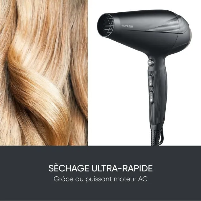 Severin HT 0167 - Sèche-cheveux ionique professionnel 2300W - 3 températures - 2 vitesses - Flux d'air froid - Avec diffuseur et concentrateur - Noir