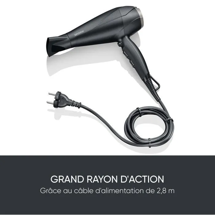 Severin HT 0167 - Sèche-cheveux ionique professionnel 2300W - 3 températures - 2 vitesses - Flux d'air froid - Avec diffuseur et concentrateur - Noir