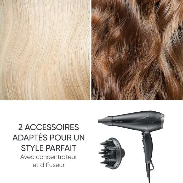 Severin HT 0167 - Sèche-cheveux ionique professionnel 2300W - 3 températures - 2 vitesses - Flux d'air froid - Avec diffuseur et concentrateur - Noir