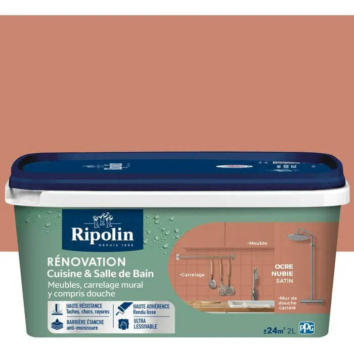 Ripolin Peinture rénovation cuisine et salle de bain Ocre nubie satinée 2L - Haute résistance aux taches, chocs et rayures - Ultra lessivable