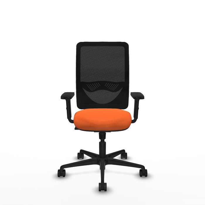 Chaise Zulema Synchro 3 positions tissu Orange Maille Noir Base en nylon noir Accoudoir 2D Sans appui-tête Roulettes 65mm nylon