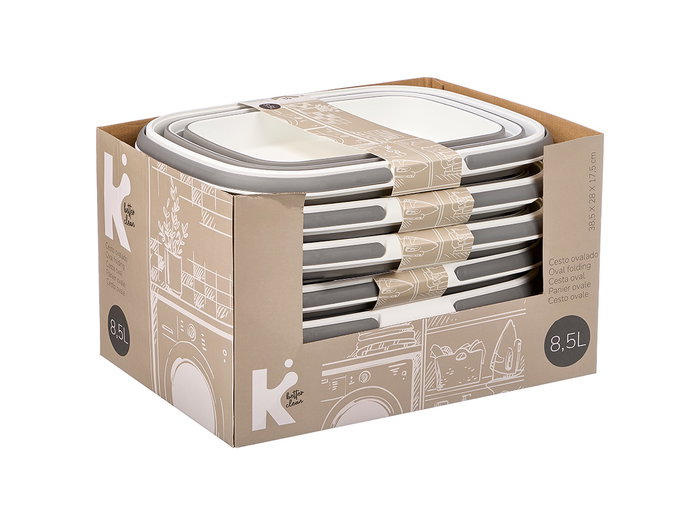 Kipit Panier Pliable Ovalé avec Poignées 8,5L Gris et Blanc 38x28x17,5 cm Plastique PP/TPR (Set de 12)