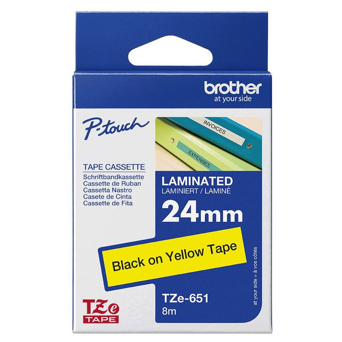 Brother Cassette à ruban TZe-651 laminé, noir sur jaune, 24 mm x 8 m, pour étiqueteuse P-touch, usage intérieur/extérieur
