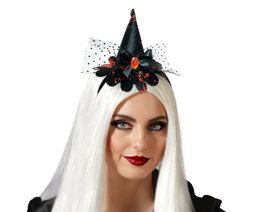 Atosa Diadema Sombrero de Bruja Negro Mujer Adulto avec détails rouge et tulle transparent