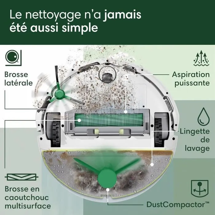 iRobot Roomba 205 DustCompactor Combo - Aspirateur robot autonome avec compactage automatique jusqu'à 60 jours, LiDAR, aspiration 7000 Pa, autonomie 3h, réservoir 1820 ml