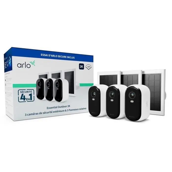 Arlo Pack de 3 caméras de sécurité Essential 2K avec 3 panneaux solaires - Résolution 2K, vision nocturne couleur, 130° et sirène Arlo Pack de 3 caméras de sécurité Essential 2K avec 3 panneaux solaires - Résolution 2K, vision nocturne couleur, 130° et sirène