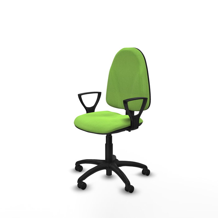 Chaise de bureau Algarra avec mécanisme à double poignée à contact permanent, recouverte de tissu couleur pistache. Équipée d'une base en polyamide noir, d'accoudoirs fixes et de roulettes autobloquantes.