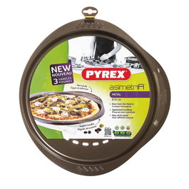 Pyrex 1452055 - Plaque à pizza en métal perforé avec revêtement antiadhésif, poignée ergonomique XL, 32 cm, couleur chocolat