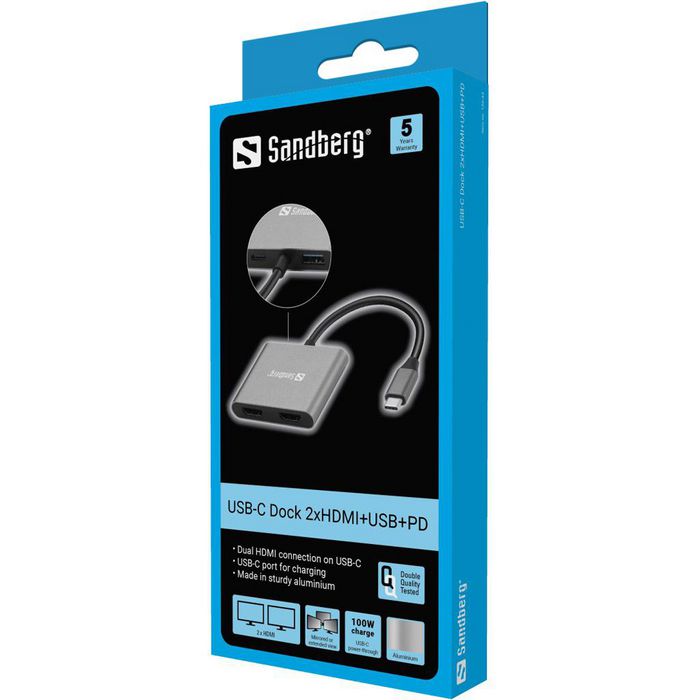Sandberg Dock USB-C à 2 ports HDMI avec port de charge PD, port USB-A et boîtier aluminium