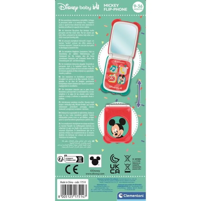 Clementoni Smartphone à Clapet Interactif Mickey Mouse avec Effets Lumineux et Sonores - Jouet Imitation Enfants 3 Ans et Plus