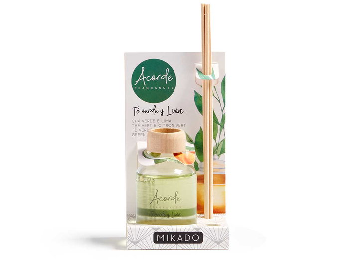 Acorde Mikado 50 ml Thé Vert et Lime en Verre et Rotin - 7x17x5 cm (Set de 12)