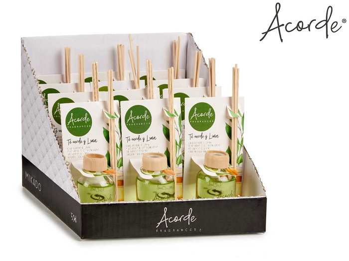 Acorde Mikado 50 ml Thé Vert et Lime en Verre et Rotin - 7x17x5 cm (Set de 12)
