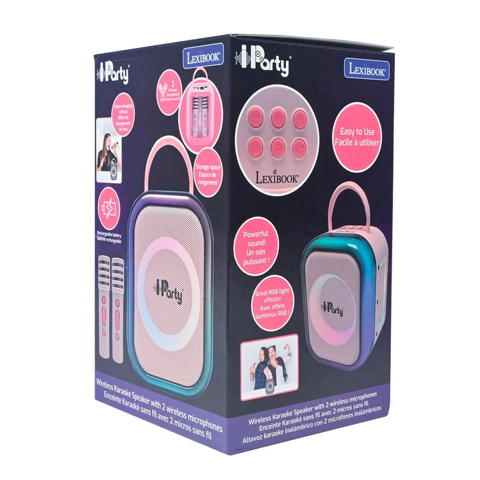 Lexibook - Karaoke Disney Rosa pour Enfants - avec 2 Microphones sans Fil, Effets de Lumière et Haut-parleur Portable Rechargeable - BTC030PK