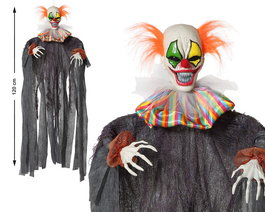 Payaso Colgante Terrorífico avec Costume à Rayures 120 cm, Effrayant, Yeux Lumineux, Activable par Son, Décoration Halloween