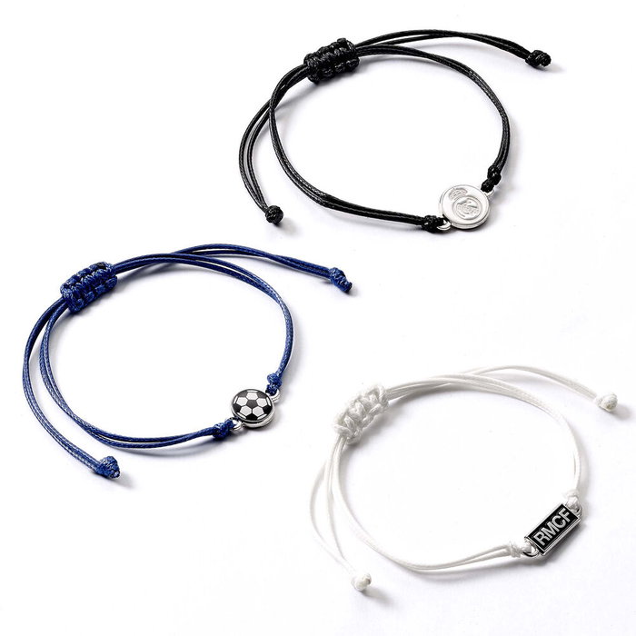 THE CARAT SHOP Set de 3 Bracelets de l'Amitié Real Madrid avec Logo Officiel - Accroches 15mm en Zinc - Cordon Ajustable Noir Bleu Blanc