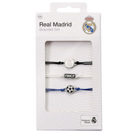 THE CARAT SHOP Set de 3 Bracelets de l'Amitié Real Madrid avec Logo Officiel - Accroches 15mm en Zinc - Cordon Ajustable Noir Bleu Blanc