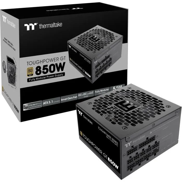 Thermaltake Toughpower GT - Alimentation PC 850 W - 80 PLUS Gold - Full Modulaire - ATX 3.1 - PCI-E 5.1 12VHPWR - Ventilateur 120 mm - Noir