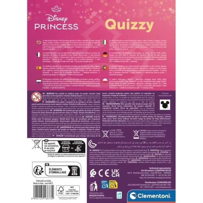Clementoni Quizzy Princess Disney - Jeu éducatif électronique avec stylo lumineux et sonore - Apprentissage formes, couleurs, nombres - À partir de 3 ans