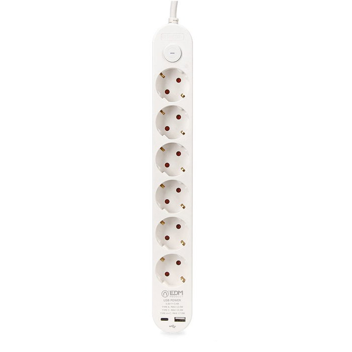 Edm Base multiple 6 prises Schuko avec interrupteur, 2 USB A+C, câble 1,5 m, blanc