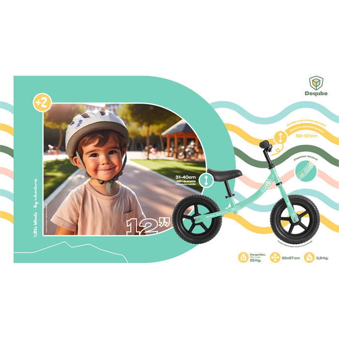 DEQUBE Bicicleta Sin Pedales Mint D00303 - Draisienne pour Enfant 2 Ans et Plus, Cadre Léger 3kg, Réglable, Pneus Anti-crevaison