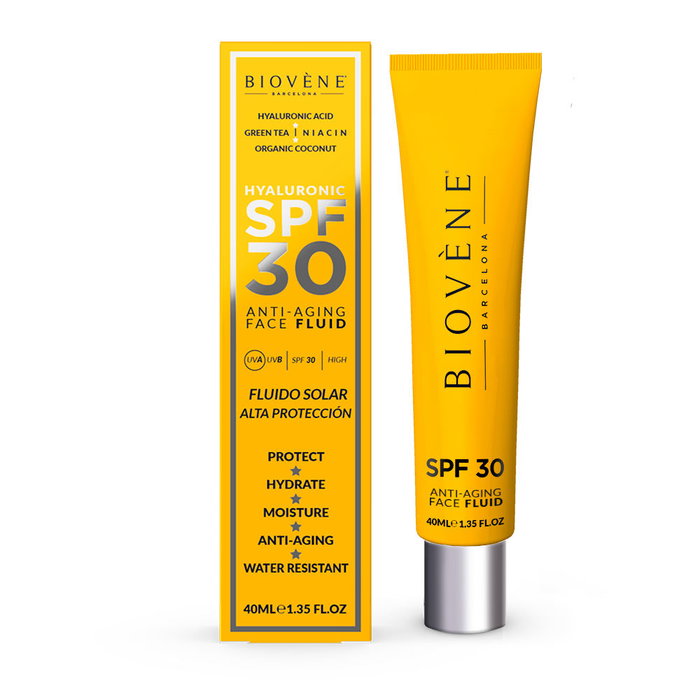 Biovène Fluide Visage Hyaluronique Anti-Âge SPF30 Protection Solaire avec Acide Hyaluronique et Niacinamide, 40 ml