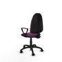 Chaise de bureau Algarra avec mécanisme de contact permanent de base, revêtue de similicuir violet. Équipée d'une base en polyamide noire, d'accoudoirs fixes et de roulettes en nylon de 50 mm