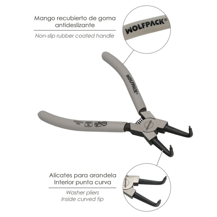 WOLFPACK LINEA PROFESIONAL Pince pour anneaux intérieurs courbes 175 mm DIN5256