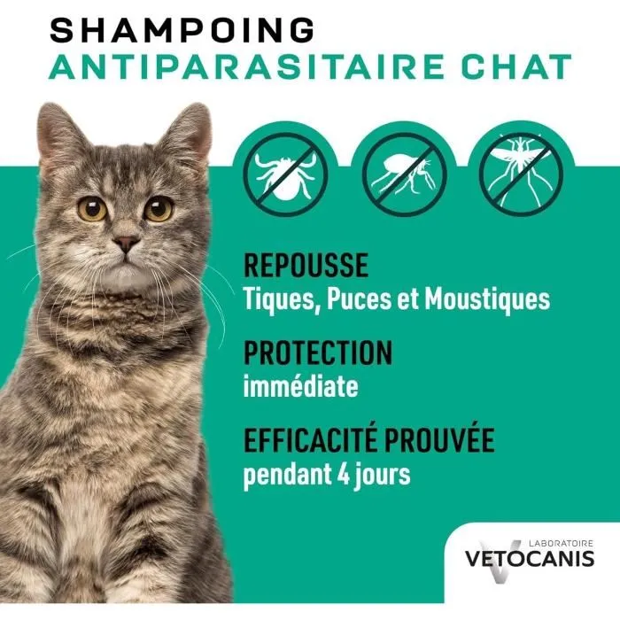 VETOCANIS Shampoing Répulsif Anti-Puces, Anti-Tiques et Anti-Moustiques pour Chat - Extrait de Margosa - Pelage Propre et Brillant - 300 ml