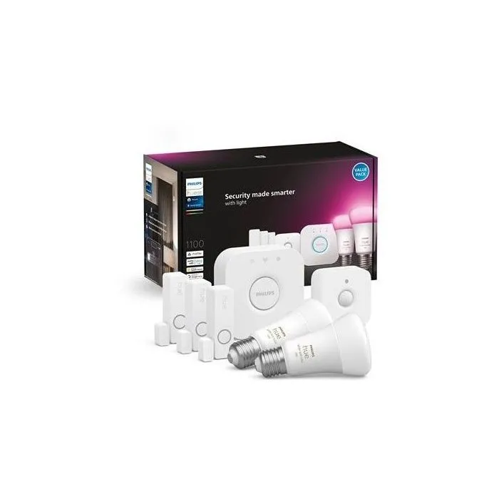 Philips Hue Kit de Démarrage Secure avec 2 Ampoules LED E27 White et Color Ambiance 9W et Capteurs de Contact, Compatible Alexa