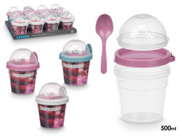 Leknes Récipient Plastique 500ml avec Cuillère Sorte Assorti Couleurs 11x14x10cm (Set de 24)