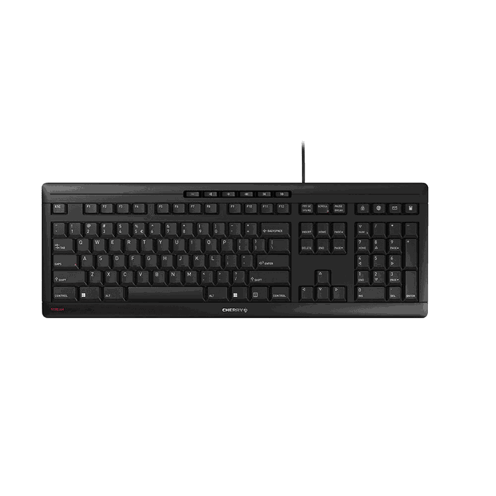 Cherry JK8500U / JK-8500EU-2 - Clavier d'ordinateur filaire, format standard, touches de raccourcis média, rétroéclairage LED rouge, USB, Noir Cherry JK8500U / JK-8500EU-2 - Clavier d'ordinateur filaire, format standard, touches de raccourcis média, rétroéclairage LED rouge, USB, Noir
