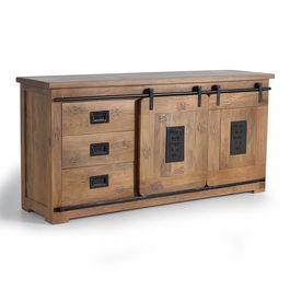 GINER Y COLOMER Buffet de style industriel en bois massif d'acacia et métal, 2 portes coulissantes, 2 tiroirs, couleur naturel, 80 x 165 x 45 cm