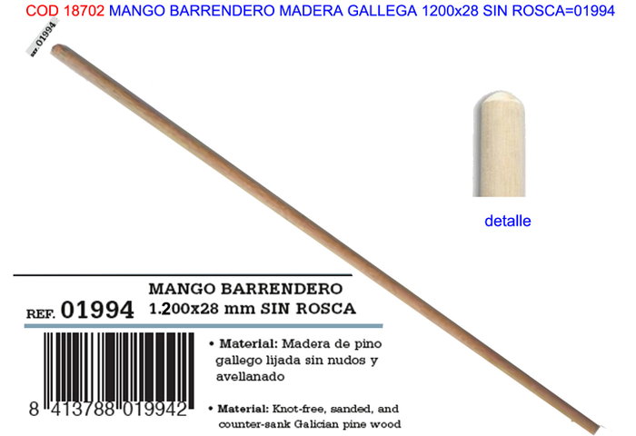 Universal Manche en bois pour balai balayeur sans filetage Ø 2,8 x 120 cm