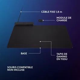 Logitech G Tapis de souris gamer Powerplay 2, système de charge sans fil continue, noir