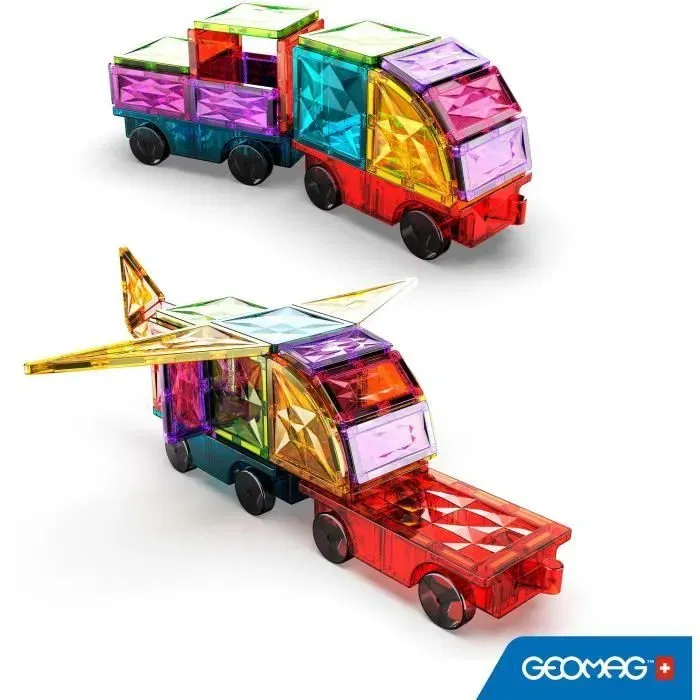Geomag Tiles Gems Vehicles 4211 - 24 tuiles magnétiques pour véhicules - Effet cristal brillant - Jeu de construction magnétique éducatif dès 3 ans