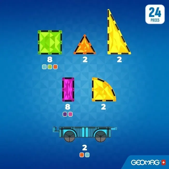 Geomag Tiles Gems Vehicles 4211 - 24 tuiles magnétiques pour véhicules - Effet cristal brillant - Jeu de construction magnétique éducatif dès 3 ans