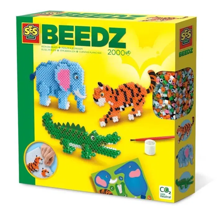 SES CREATIVE Kit de Perles à Repasser Animaux Safari - Création d'Animaux en 3D (Éléphant, Tigre, Crocodile) - Jeu Créatif Enfant 5 Ans et Plus - Sans PVC