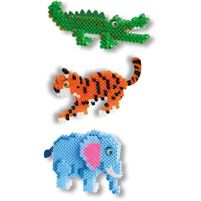 SES CREATIVE Kit de Perles à Repasser Animaux Safari - Création d'Animaux en 3D (Éléphant, Tigre, Crocodile) - Jeu Créatif Enfant 5 Ans et Plus - Sans PVC