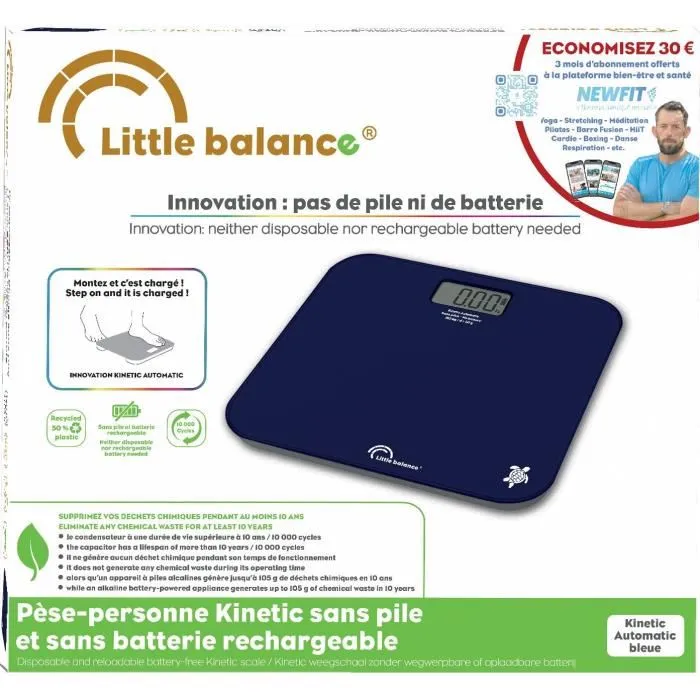 Little Balance Pese-personne Kinetic Auto Bleu - Balance de Salle de Bain Rechargeable sans Piles, Plateau Verre 30x28 cm, Précision 50 g, Capacité 180 kg, Écran LCD