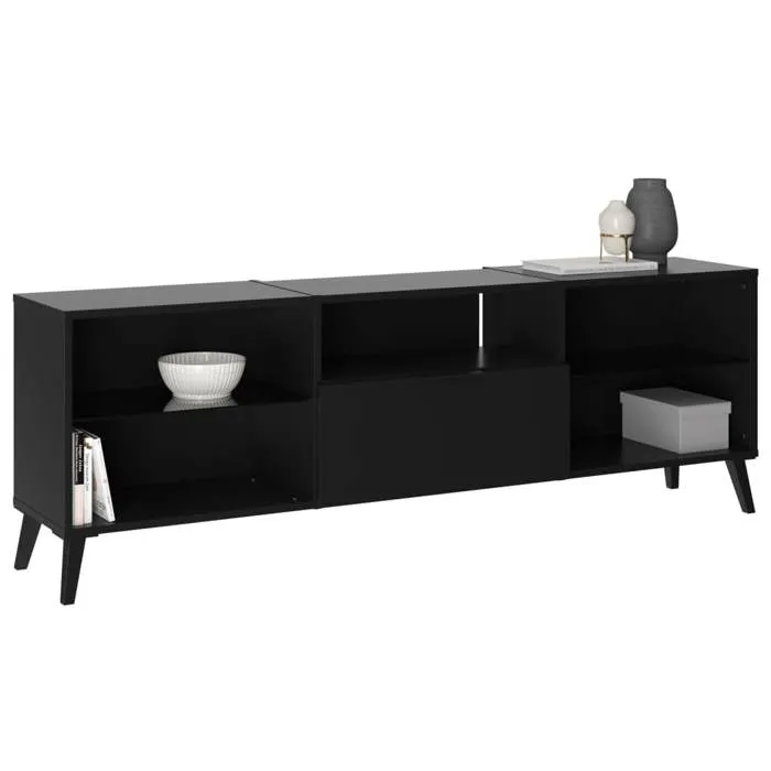 FMD Meuble TV et Hi-Fi Lowboard noir, 153.5 x 52 x 31.5 cm (L x H x P), 5 compartiments, tiroir, verre trempé, fabriqué en Allemagne
