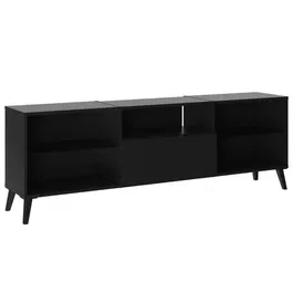 FMD Meuble TV et Hi-Fi Lowboard noir, 153.5 x 52 x 31.5 cm (L x H x P), 5 compartiments, tiroir, verre trempé, fabriqué en Allemagne