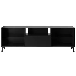 FMD Meuble TV et Hi-Fi Lowboard noir, 153.5 x 52 x 31.5 cm (L x H x P), 5 compartiments, tiroir, verre trempé, fabriqué en Allemagne