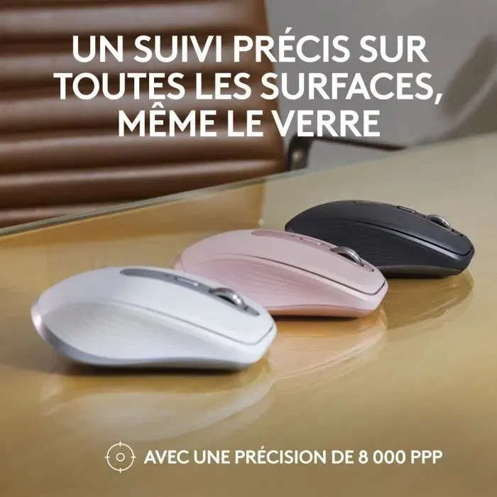 Logitech MX Anywhere 3S - Souris sans fil optique 8K DPI, capteur sur verre, clics discrets, molette rapide, autonomie 70 jours, recharge USB-C, Rose