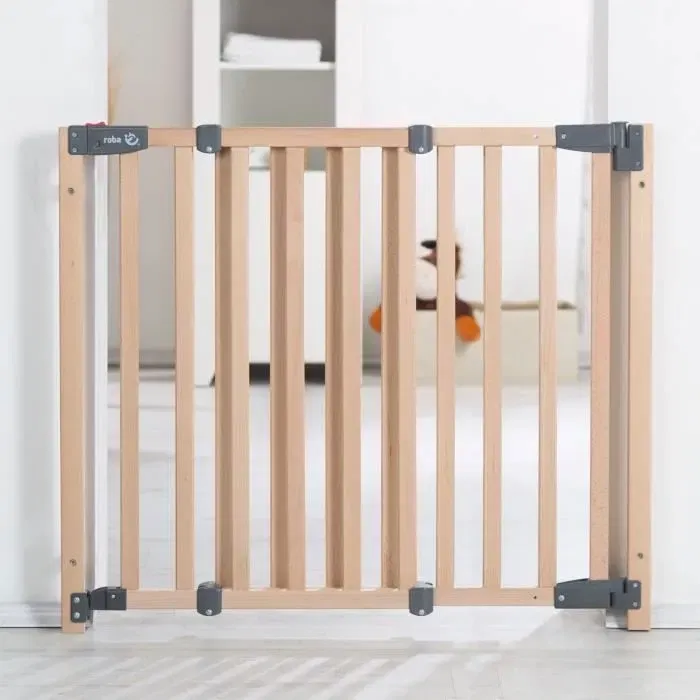 Roba Safety Up Barrière de Sécurité Bébé pour Porte en Bois de Hêtre - Largeur Réglable 70-118.5 cm avec Fermeture Magnétique et Contrôle Visuel