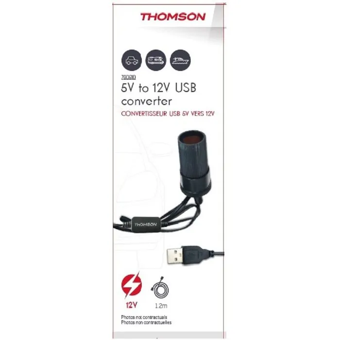 Thomson Convertisseur USB 5V vers 12V, Alimentation 12 W avec câble 120 cm, pour ordinateur portable et power bank
