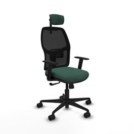 Chaise Alfera Synchro 4 positions tissu Vert foncé Maille Noir Base en nylon noir Accoudoir 1D Appui-tête 2D Roulettes 65mm nylon