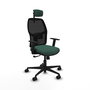Chaise Alfera Synchro 4 positions tissu Vert foncé Maille Noir Base en nylon noir Accoudoir 1D Appui-tête 2D Roulettes 65mm nylon