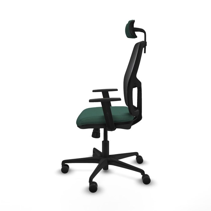 Chaise Alfera Synchro 4 positions tissu Vert foncé Maille Noir Base en nylon noir Accoudoir 1D Appui-tête 2D Roulettes 65mm nylon