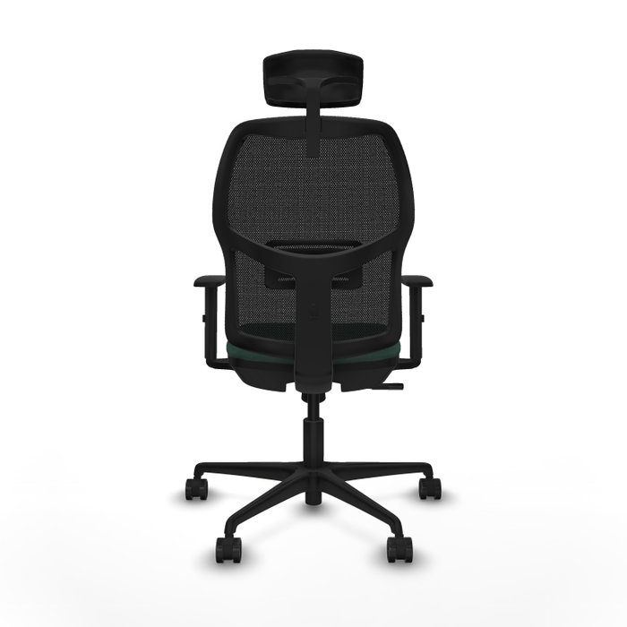 Chaise Alfera Synchro 4 positions tissu Vert foncé Maille Noir Base en nylon noir Accoudoir 1D Appui-tête 2D Roulettes 65mm nylon