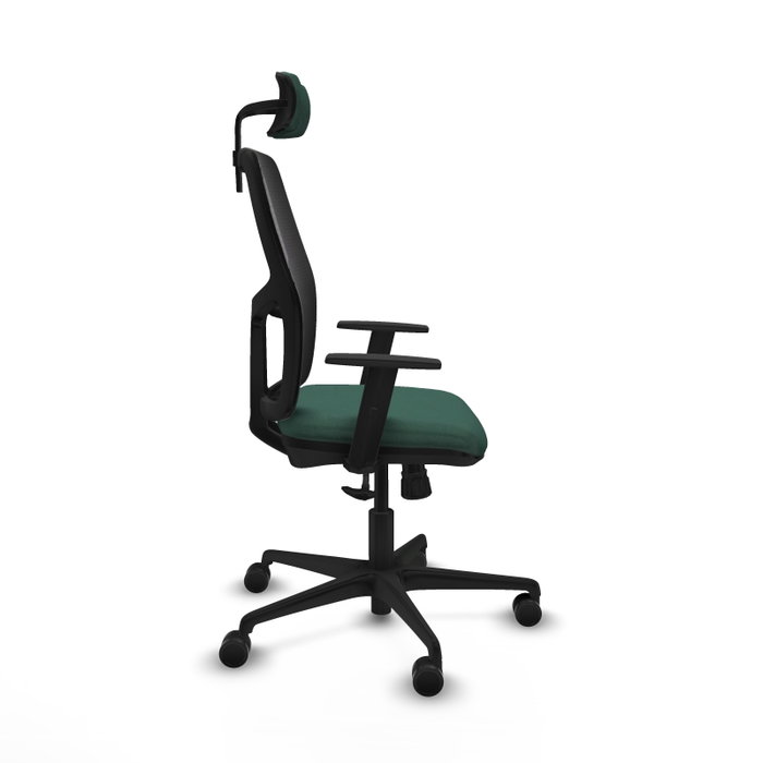 Chaise Alfera Synchro 4 positions tissu Vert foncé Maille Noir Base en nylon noir Accoudoir 1D Appui-tête 2D Roulettes 65mm nylon